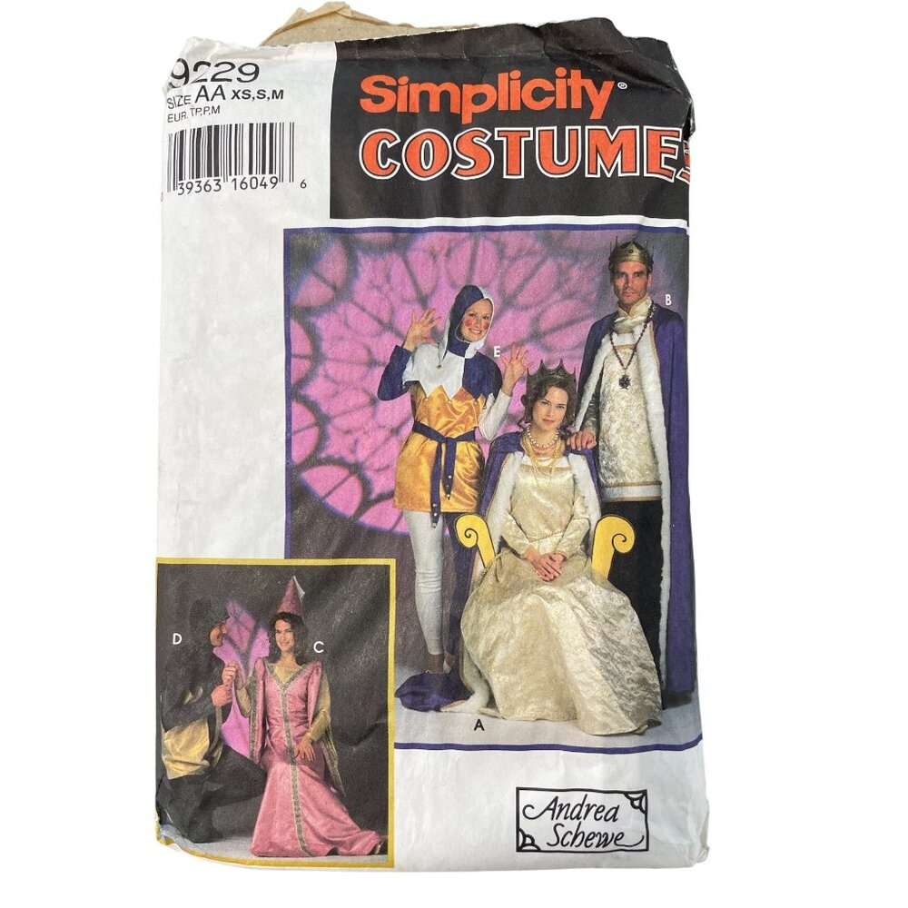 90s Simplicity Costumes 9229 Sewing Pattern Size XS-M King Queen Jester CUT
